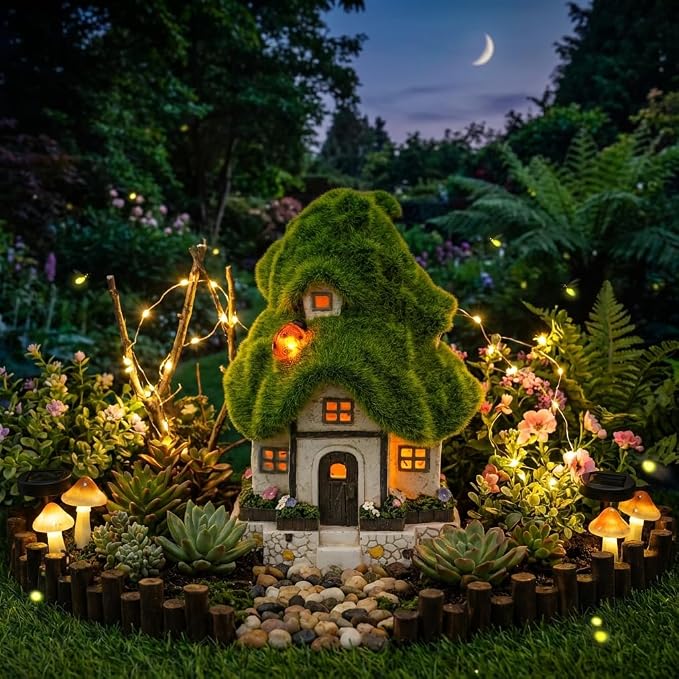 TERESA'S COLLECTIONS Flocked Garden Statue and Figurine Fairy House with Solar Outdoor Lights, Resin Garden Decor Outdoor Statues Garden Cottage Yard Decor Porch Lawn Ornaments Gifts for Mom, 7.4"