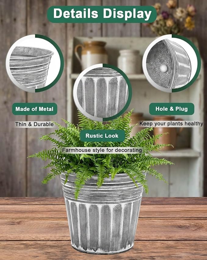 vensovo 12 Inches Silver Metal Rustic Plant Pots - 3 Pcs Large Galvanized Planters with Drain Hole and Rubber Plug, Rustproof Tin Bucket Flowerpot for Indoor Plants Farmhouse Vintage Style for Decor