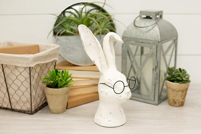Raz Distressed Rabbit Floppy Ears Round Glasses 11 inch Resin Stone Decorative Figurine