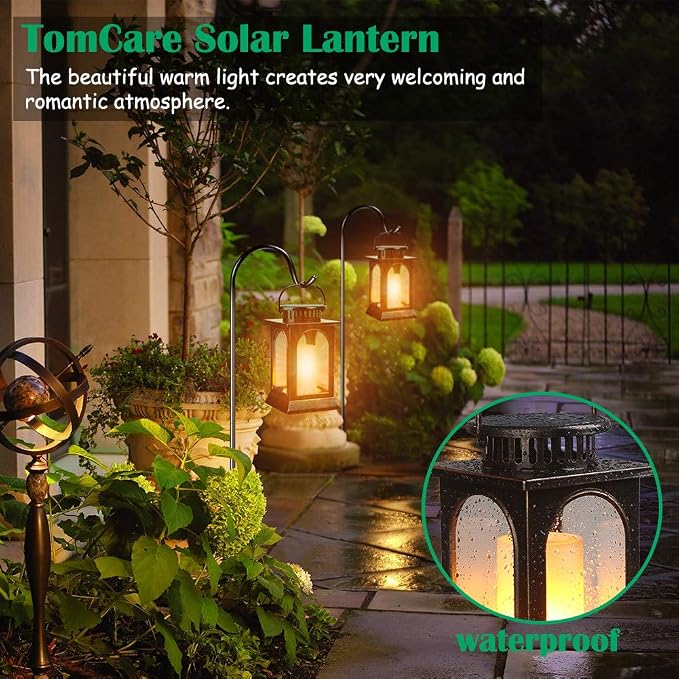 TomCare Solar Lights Flickering Flame Upgraded Metal Solar Lantern Outdoor Hanging Decorative Lanterns Heavy Duty Solar Powered Waterproof Outdoor Lighting for Patio Garden Christmas, 2 Pack (Bronze)