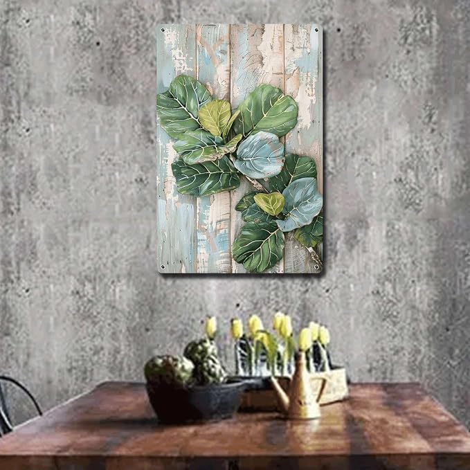 Metal Sign Tin Sign Vintage Wall Art Fiddle Leaf Fig Shabby Chic Tin Sign for Rustic Boho Decor Cottage Gardens and Vintage Art Lovers Funny Sign for Room 6×8 Inches