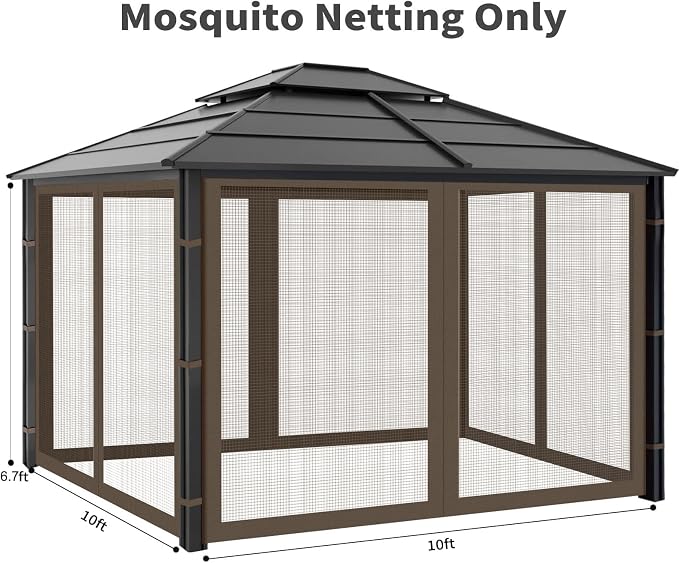 Gazebo Replacement Mosquito Netting Outdoor Universal Gazebo Canopy 4-Panels Screen Sidewalls with Zipper for Patio Garden Yard Backyard (Mosquito Net Only) (10x10, Coffee)