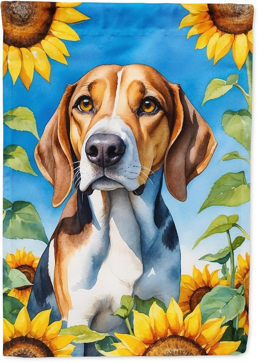 Caroline's Treasures DAC6009CHF American Foxhound in Sunflowers House Flag Large Porch Sleeve Pole Decorative Outside Yard Banner Artwork Wall Hanging, Polyester, House Size, Multicolor