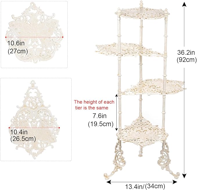Sungmor Vintage Cast Iron 4-Tier Plant Stand, Elegant Butterfly & Floral Design with Antique White Finish, 36 Inch Tall Rustic Flower Pot Holder, Heavy Duty Metal Display Stand for Indoor and Outdoor