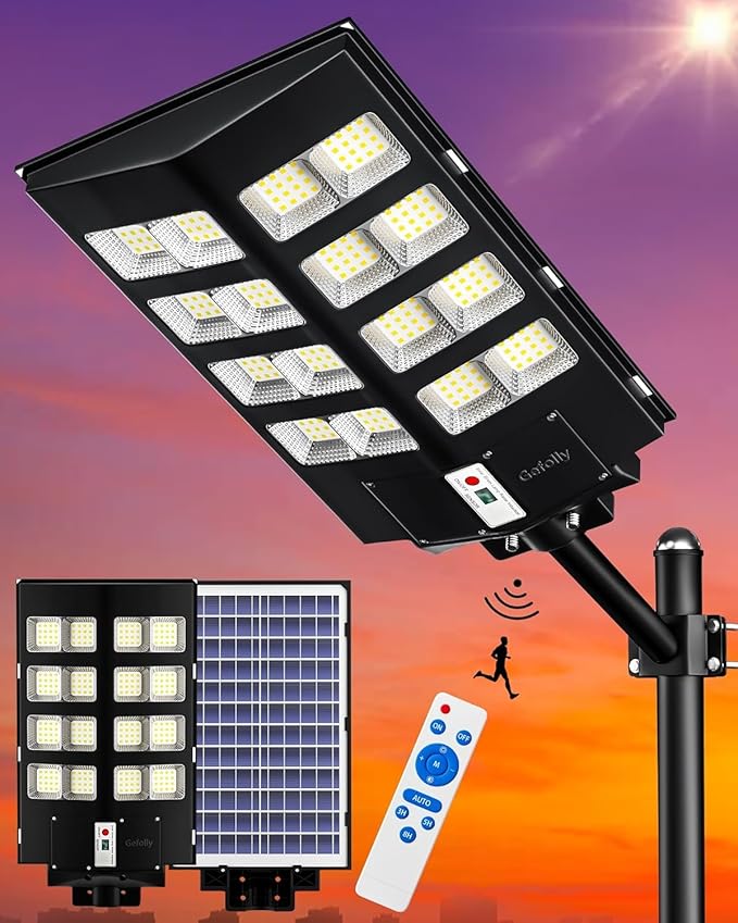 Gefolly SL-2800W Solar Street Lights Outdoor, 280000LM Commercial Parking Lot Light, 6500K Dusk to Dawn IP67 Security Flood Lights Motion Sensor Led Lamp for Basketball Court, Road, Yard