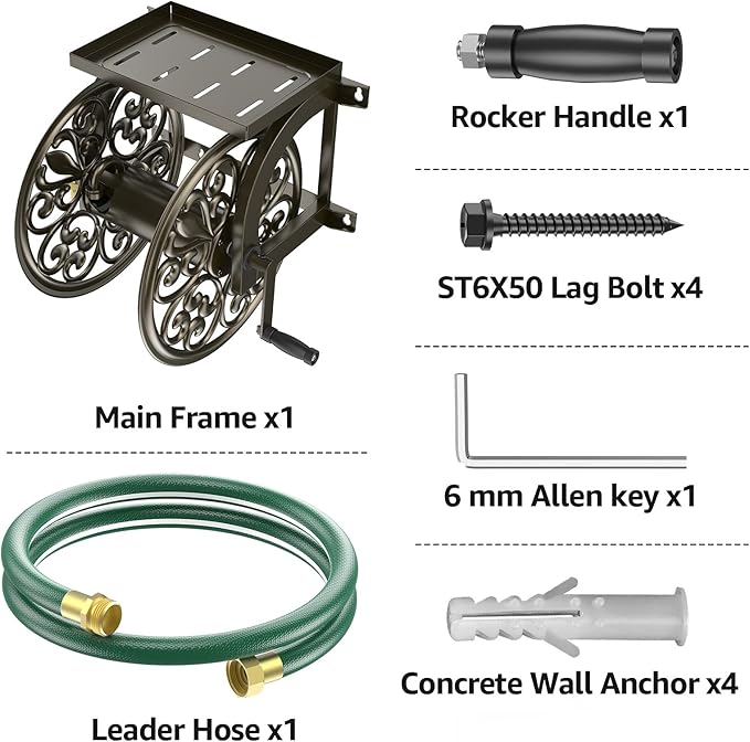 GOFORWILD Garden Wall Mount Hose Reel, Decorative Hose Reel, Garden Heavy-Duty Water Hose Holder Winder, Holds 200-Feet of 5/8-Inch Hose