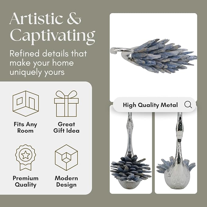 Metal Decorative Swan Sculpture with Crystal Feather – Accent for Table Top & Shelf, Coffee Table Decor for Living Room – Indoor Home Decor, Modern Stylish Tabletop Accessories Accent Piece – 6", Blue