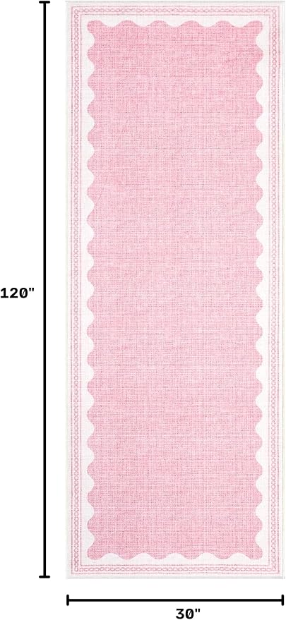 GarveeHome 2x10 Runner Rug for Hallway Washable Kitchen Rugs Non Slip Solid Pink Modern Minimalism Soft Low-Pile Scalloped Indoor Carpet for Entryway Laundry Room Floor Mats