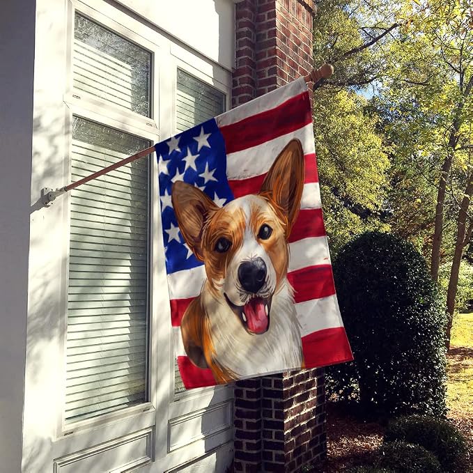 Caroline's Treasures CK6750CHF Cardigan Welsh Corgi American Flag House Flag Large Porch Sleeve Pole Decorative Outside Yard Banner Artwork Wall Hanging, Polyester, House Size, Multicolor