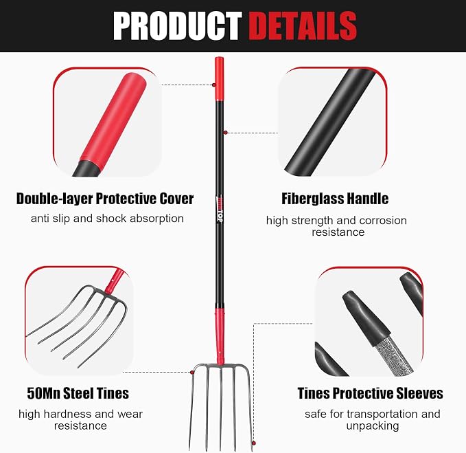 5-Tine Pitchfork Garden Fork Fiberglass Handle for Farm Work 57 in | Heavy Duty, Long Fiberglass Handle,Manure Fork,Pitchfork, For Garden Work,Grass Fork,For Farm Work