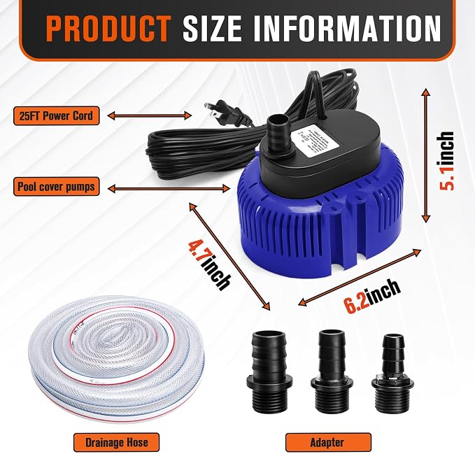 Sump Pump,Pool Cover Pump above Ground | For Swimming Pool Basement Garden Pond Tubs Draining,75W,Max Flow:850GPH,3 Adapters,25 Ft Power Cord (Blue)