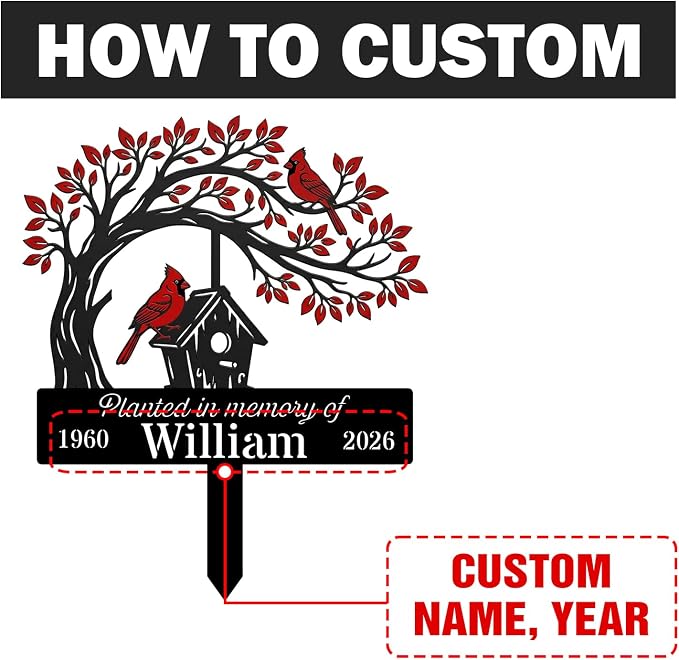 Personalized Cardinal Garden Sign with Stakes, Custom Outdoor Yard Decor, Memorial Gift for Mom, Garden Plaque Gifts for Memorial, Remembrance loss loved Ones, Grave Marker 22