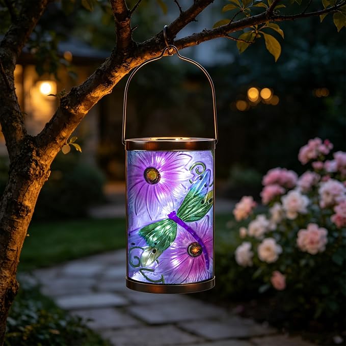 Solar Lantern Outdoor Waterproof Hanging Solar Lights Dragonfly Glass Decorative Lanterns for Outdoor Patio Lawn Outside Yard Garden Decor