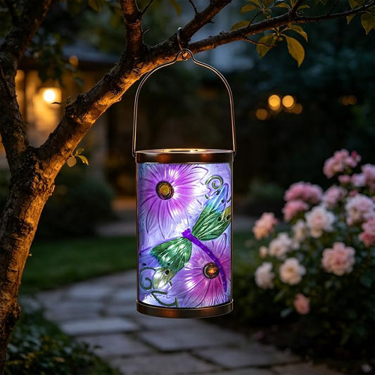 Solar Lantern Outdoor Waterproof Hanging Solar Lights Dragonfly Glass Decorative Lanterns for Outdoor Patio Lawn Outside Yard Garden Decor