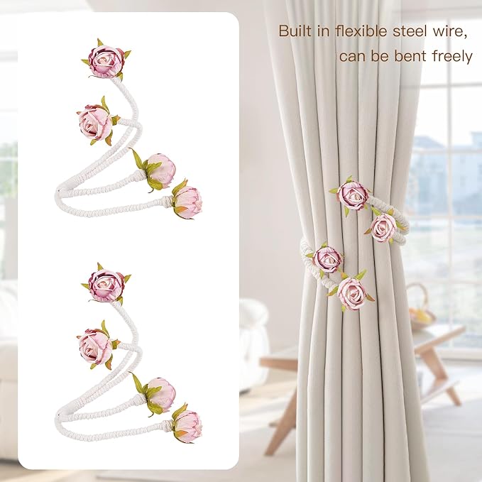 Decorative Rose Curtain Tieback with Artificial Flowers, Pink Roses on White Twisted Rope, Elegant Window Treatment 6pcs (6)