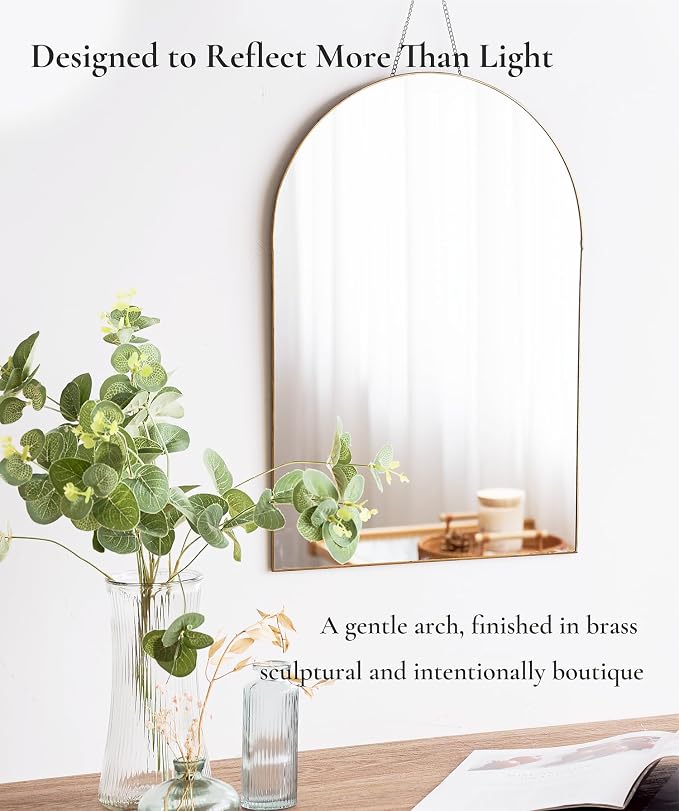Gold Arched Wall Mirror 13”x19”- Small Vintage Hanging Mirror with Chain, Decorative Brass Mirror for Entryway, Bathroom, Bedroom&Living Room, Antique Gold Wall Mirror