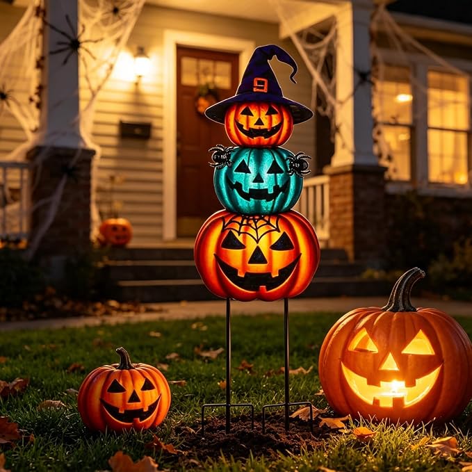 Halloween Yard Stakes Large with Stackable Pumpkins Scary Spiders | 39.3" Metal Halloween Yard Decorations for Garden, Lawn, Patio, Outdoor Decor with Witch Hat
