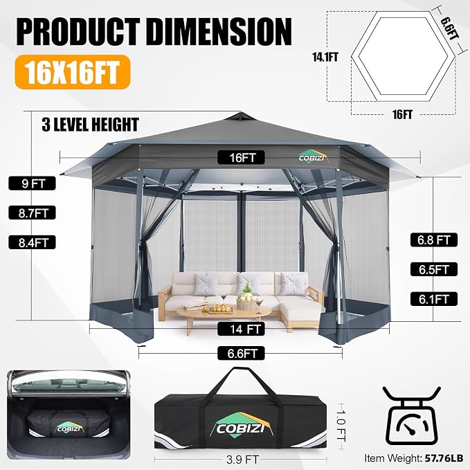 COBIZI 14x14 Pop Up Gazebo Tent with Mosquito Netting, Gazebos on Clearance, Hexagonal Outdoor Canopy Shelter, Patented Center Lock 6-Sided Portable Gazebos, Pop Up Canopy Tent for Backyard, Gray