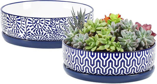 Selamica Ceramic Succulent Pots, Shallow Succulent Planters with Drainage Hole & Saucer, Indoor Plant Pots for Cactus, Home Decor，Vintage Blue, 8 inch，Set of 2