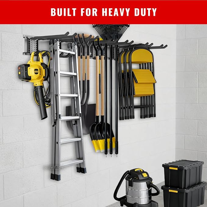 Garage Tool Organizer Wall Mount, Easy to 48inch Install Heavy-Duty Garage Storage System with 6 Adjustable Hooks, Garden Tool Rack for Shovels, Rakes, Yard Tools