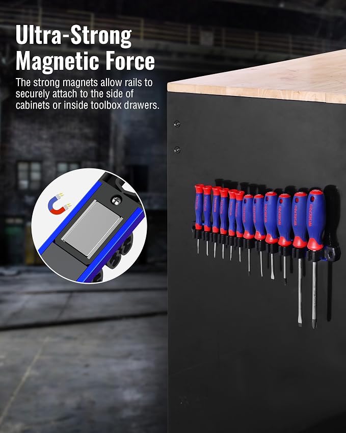 WORKPRO Magnetic Screwdriver and Wrench Organizer Set, 12-Slot Tool Holder | Aluminum Rail, Magnetic Force, Flexible High-Tension Tool Clips, For Tool Box Drawer & Wall-Mount Storage
