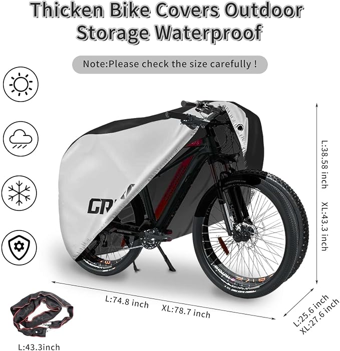 Bike Covers Outdoor Storage Waterproof. It Comes in 3 Colors and 2 Sizes. The Bike Cover is Equipped With a Bike Chain Lock