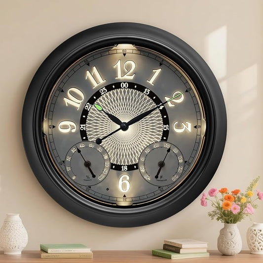 Pytha Sight Illuminated Large Metal Outdoor Clocks Waterproof 18 Inches With AI Auto Light Smart Sensor,Extra Big Indoor Outdoor Wall Clocks With Thermometer & Hygrometer for Patio, Pool, Garden,Porch