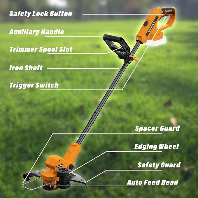 SEYVUM String Trimmer, 20V 12-inch Cordless Weed Trimmer with Auto Line Feed, 2 X 2.0Ah Battery Powered Lawn Edger with 8 Pcs Grass Cutter Spool Line, Orange