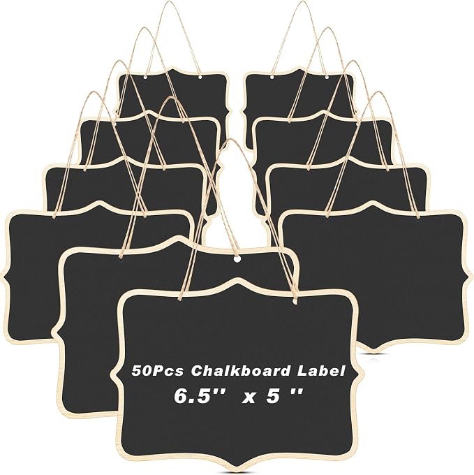 EBOOT 50 Pcs Mini Chalkboard Sign Reusable Wood Chalkboards with Hanging String Erasable Double Sided Small Hanging Blackboard for Message Board Sigs Price Labels Party Buffet Plant Food Name Tag