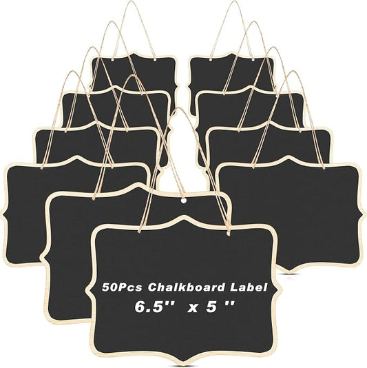 EBOOT 50 Pcs Mini Chalkboard Sign Reusable Wood Chalkboards with Hanging String Erasable Double Sided Small Hanging Blackboard for Message Board Sigs Price Labels Party Buffet Plant Food Name Tag