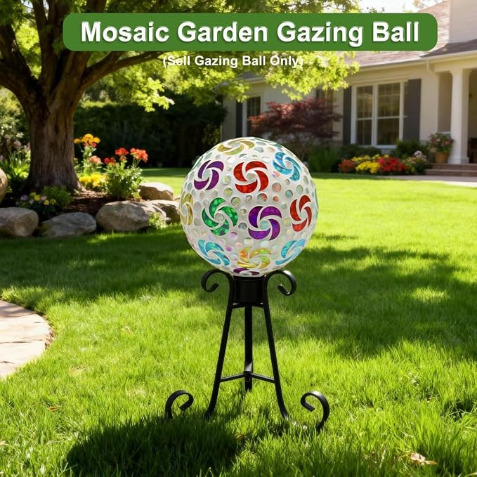 SAVENNA Mosaic Garden Gazing Ball, 8 Inch Decorative Glass Sphere for Outdoor Garden, Lawn & Patio, Fade-Resistant All-Season Yard Art, Multicolor Pinwheel Pattern