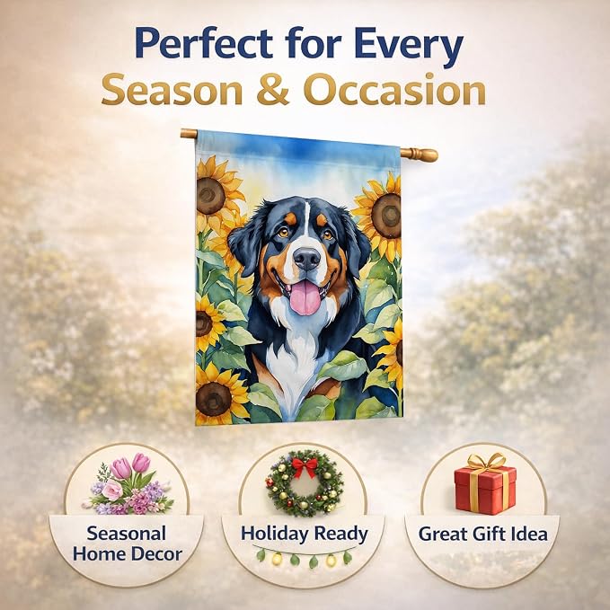 Caroline's Treasures DAC6026CHF Bernese Mountain Dog in Sunflowers House Flag Large Porch Sleeve Pole Decorative Outside Yard Banner Artwork Wall Hanging, Polyester, House Size, Multicolor