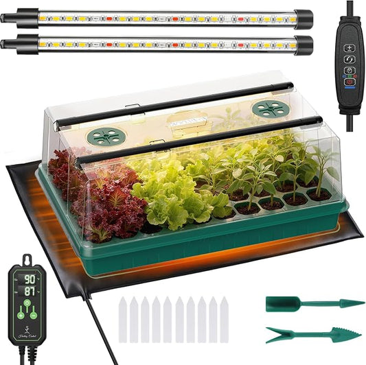 Seed Starter Tray with Grow Light and Thermostat Controller Heat Mat, 10"x 20.75" Heat Mats for Plant Growing，68-113°F Adjustable，Color Change Grow Lights，Germination Trays Kits (Green, 60 Cells)