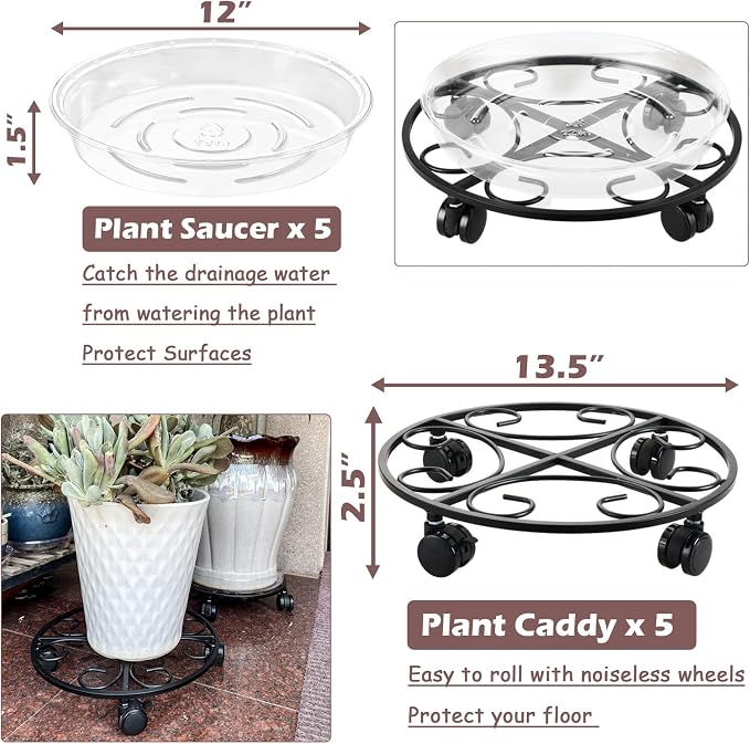 13.5" Metal Plant Caddy with Wheels 5 Packs Large Rolling Plant Stands Indoor Wheeled Plant Dolly Heavy-duty Planter Mover Roller Base Outdoor Plant Trolley Cart Water-proof, Plant Saucers on Wheels