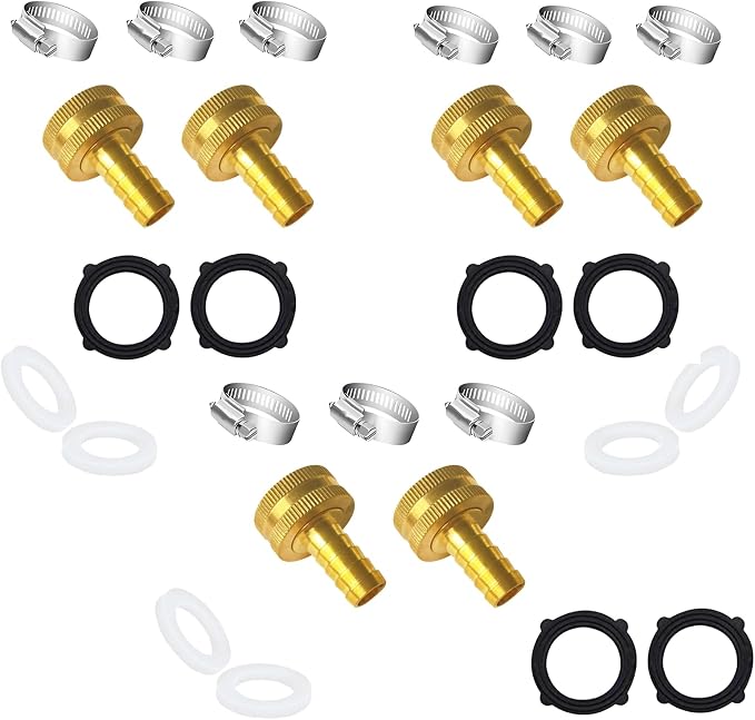 6PCS Solid Brass 1/4" Barb x 3/4"GHT Female Garden Hose End Connector Splicer Mender Repair Fitting Include 9 Stainless Steel Clamps