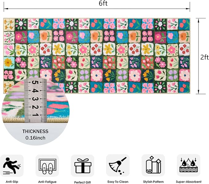Vintage Floral 2x6 Runner Rugs Non Slip, Thin Country Colorful Flowers Botanical Indoor Hallway Rug Washable, Cute Boho Aesthetic Runner Carpet for Kitchen Bedroom Laundry Entryway