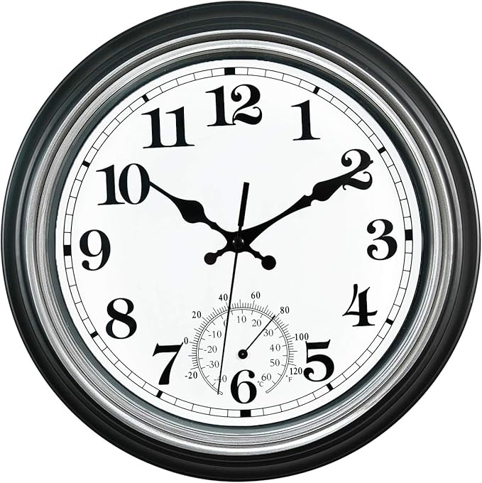 12-Inch Indoor/Outdoor Retro Silent Non-Ticking Waterproof Wall Clock with Thermometer,Battery Operated Quality Quartz Round Clock Wall Decorative for Patio/Home