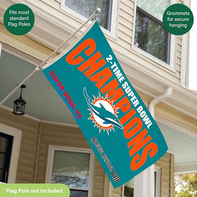 Team Sports America NFL Miami Dolphins Multi-Win Superbowl Champions 3x5 Flag for Outside with Grommets | Outdoor & Indoor | Heavy Duty Flag & Banner | Works with Flag Pole for Outside House