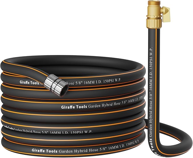 Giraffe Tools Hybrid Garden Hose 5/8" x 50ft, Male and Female Fittings with Shut off Valve, Flexible,Heavy Duty, Leakproof, Lightweight Water Hose