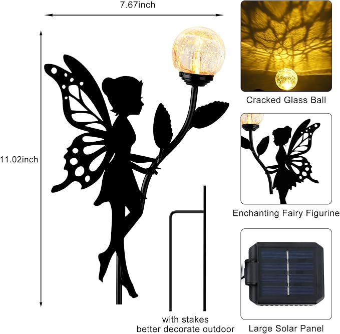 2 Pack Solar Fairy Garden Decor with Crackle Glass Globe Lights | Metal statues silhouette, waterproof, for outdoor lawn patio yard pathway home mother's day decorations gardening gifts