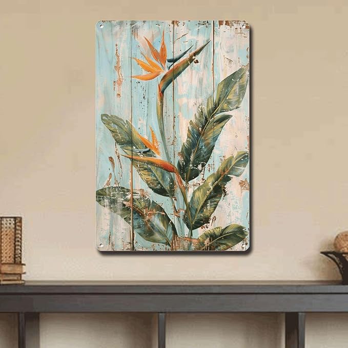 Metal Sign Tin Sign Vintage Wall Art Exotic Bird of Paradise Tin Sign for Rustic Paintings Vintage Charm and Vibrant Leaf Displays Tin Sign Paper for Pub 8×12 Inches