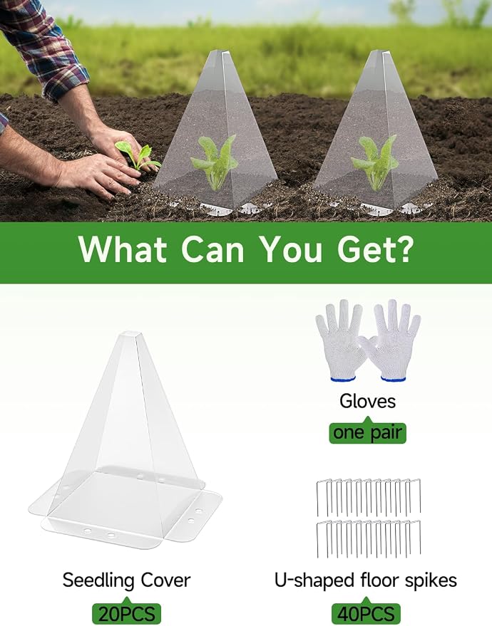 10 Pack Garden Cloches for Plants - Clear Reusable Plastic Seedling Covers with 20 Metal Stakes - Mini Greenhouse Plant Bell Covers for Frost, Sun, Pests Protection(7.8" x 11")