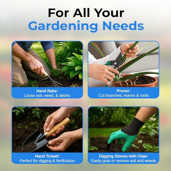 Scuddles Garden Tool Bag with 9 Piece Stainless Steel Gardening Kit | Includes Rust-Resistant Blades, Wooden Handles, Fingertip Claw Gloves & Reinforced Garden Bags | Landscaping and Planting Gift