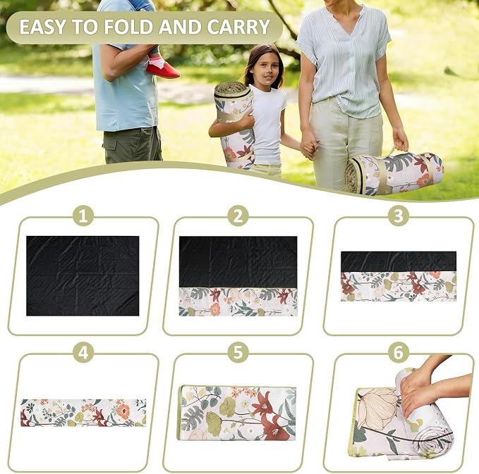 Floral Picnic Blankets Waterproof Foldable, 80″X80″ Extra Large Picnic Mat Boho Outdoor Blanket for Grass, Cute Packable Beach Blanket Sandproof Picnic Accessories for Camping Music Festival Park Lawn