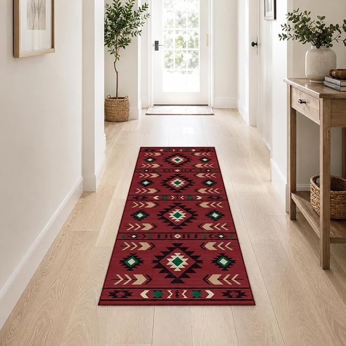 Western Runner Rug 2x6 for Hallway Kitchen Bedroom, Southwestern Aztec Tribal Runner Rugs Southwest Navajo Machine Washable Rug Non-Slip Printed Low-Pile Floor Carpet Mat for Living Room, Red