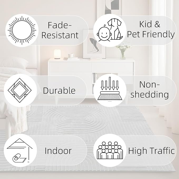 Grey Solid Area Rug 8x10, Large Washable Soft Rugs for Living Room | Soft Fluffy Modern Geometric Boho High-Low Pile Non Slip Carpet for Bedroom, Dining Room, Kids Room, Nursery,Apartment,Office