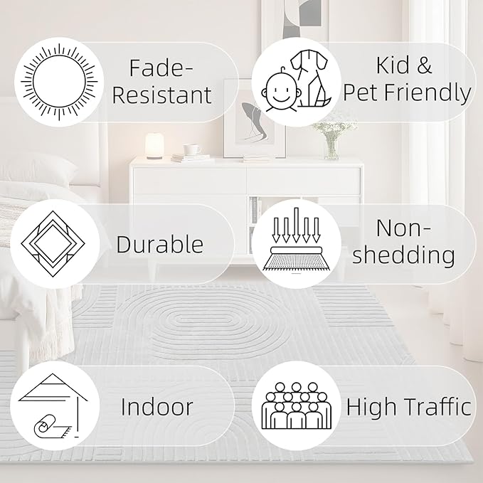 5x7 Solid Grey Area Rugs for Living Room, Washable Soft Bedroom Rug | Modern Geometric Boho High-Low Textured Fluffy Non-Slip Carpet for Bedside, Kids Room, Nursery, Entryway, Apartment, Office