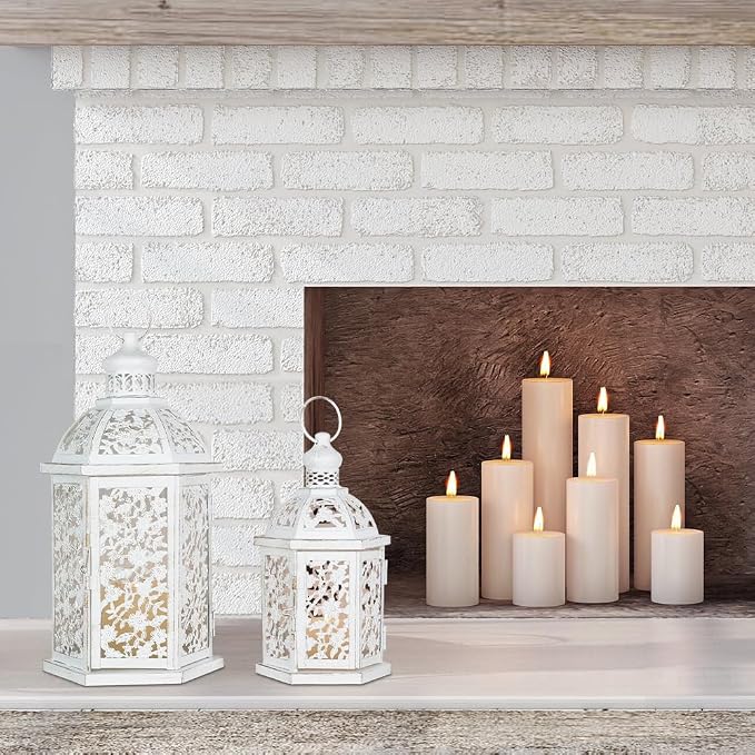 Lanterns Decorative Outdoor&Indoor, Set of 2 (15"&7") White Metal Lantern Decor, Candle Holder for Porch, Patio, Christmas, Balcony, Wedding, Table Centerpiece