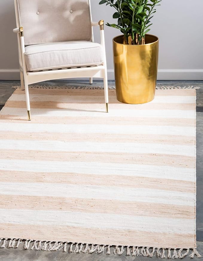 Unique Loom Chindi Rag Collection Area Rug - Striped (4' 1" x 6' 1" Rectangle, Beige/ Ivory)