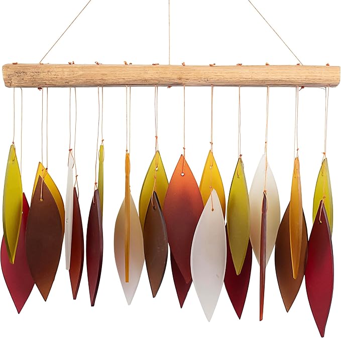 Blue Handworks Fall Leaves Glass & Driftwood Chime, Sandblasted Glass and Found Wood Handcrafted Wind Chime | Sandblasted Glass and Found Wood Handcrafted Wind Chime